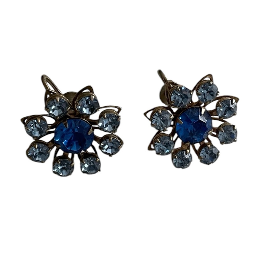 Vintage Blue Screw Back Earrings Silver Tone Floral 
lightweight‎